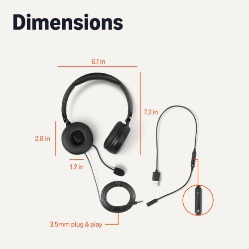 Amazon Basics On Ear Wired Computer Headset with Adjustable Microphone, 3.5mm Port or in-Line Control with USB-A Port, Foldable, Clear Sound, Small/Medium Size, Black