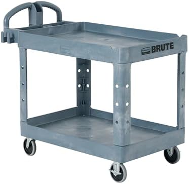 Rubbermaid Commercial Products BRUTE Heavy Duty 2-Shelf Utility/Service Cart, Large, Lipped Shelves, Ergonomic Handle, 750 lbs. Capacity, Black, for Warehouse/Garage/Cleaning/Maintenance/Stadiums