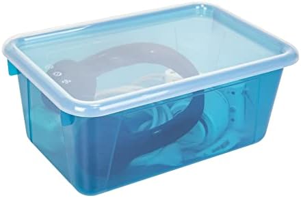 Storex Small Cubby Bins – Plastic Storage Containers for Classroom with Non-Snap Lid, 12.2 x 7.8 x 5.1 inches, Tint Teal, 5-Pack (62486A05C)