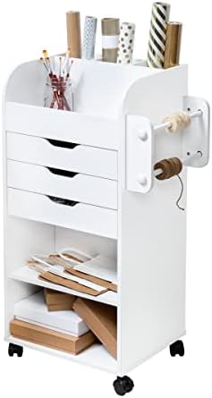 Honey-Can-Do Deluxe Rolling Craft Storage Cart with Locking Wheels | Organizer for 30-inch Wrapping Paper, Ribbon Spools, Tools & Supplies | 3 Drawers & Open Shelves