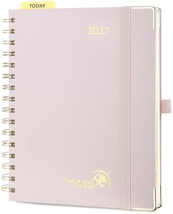 POPRUN 2027 Planner Daily Weekly and Monthly Calendar with Hourly Schedule(Medium Size 8.5'' x 6.25'' Wire-Bound Hard Cover) - Agenda 2027 (Jan.2027-Dec.2027), Monthly Tabs - Light Pink