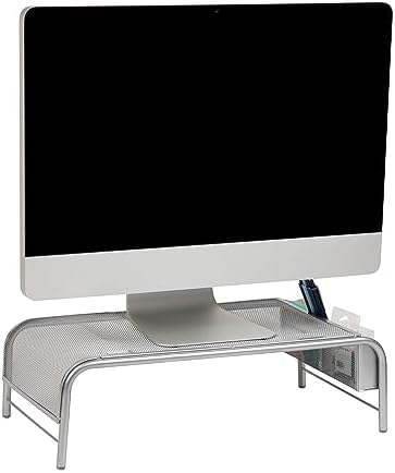 Mind Reader Monitor Stand, Ventilated Laptop Riser, Desktop Organizer, Side Storage, Metal Mesh, 20"L x 11.5"W x 5.5"H, Silver