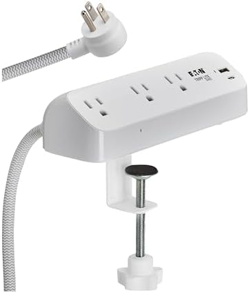 Eaton Tripp Lite Series Desk Clamp Power Strip Surge Protector, 3-Outlets, USB-A & USB-C Charging Ports, 900 Joules, 8ft Braided Flat Extension Cord, Lifetime Manufacturer's Warranty (TLP308U20CLAMP)