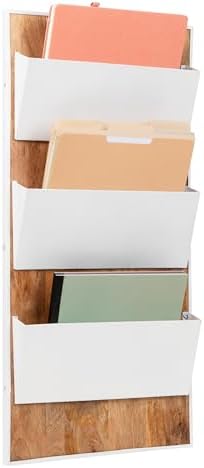 Mind Reader 3-Tier Wall-Mounted File Organizer, Wood and Metal Vertical Rack for Mail, Magazines, and Documents, Metal, Wood, White