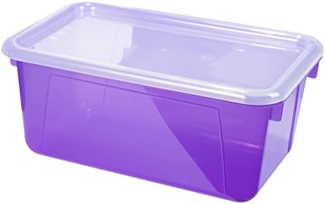Storex Small Cubby Bins – Plastic Storage Containers for Classroom with Non-Snap Lid, 12.2 x 7.8 x 5.1 inches, Tint Violet, 5-Pack (62484A05C)