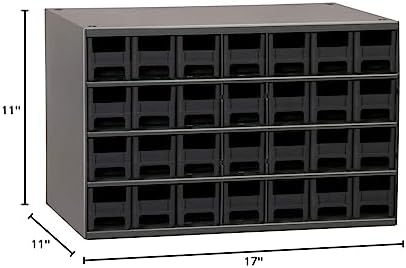Akro-Mils Steel Garage Storage Cabinet, Small Parts Organizer Metal Cabinet for Hardware, Nails, Screws, Bolts, Nuts, and More, 17" W x 11" D x 11" H, 28-Drawer, Gray Cabinet/Black Drawers (19228)