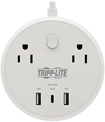 Tripp Lite Safe-IT 57W Surge Protector, 2 Outlets & 2 USB + 1 USB-C Port for Fast Charging, 300 Joules, 8 Foot 5-15P Cord, Manufacturer's Warranty & $25,000 Insurance (TLP28PD57WCAM)