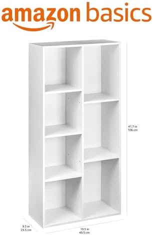 Amazon Basics 7 Cube Organizer Bookcase, Storage Shelf for Home and Office, Display Storage Organizer, Sturdy with Easy Assembly, 9.25"D x 19.49"W x 41.73"H, White
