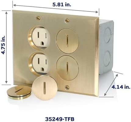 Leviton 2-Gang Duplex Receptacle Floor Box Assembly, Tamper-Resistant, Brass Finish, 15-Amp, 125V, 35249-TFB