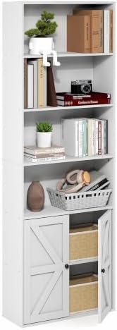 Furinno Farmhouse 6-Tier Book Shelf with Doors, Bookshelf, White