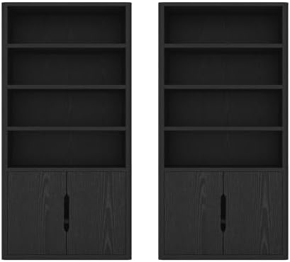Manhattan Comfort Rivington Bookshelf, 79" Tall 4 Open Shelve Bookcase with Adjustable Shelves, and Soft Close Doors for Living Room or Home Office, Rounded Corner Storage Cabinet, Set of 2 in Black