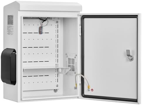 VEVOR Outdoor Electrical Box, Cold-Rolled Steel, Electrical Junction Box with Thermostat and Fan, Rain Hood, Ventilated Design, IP65 Waterproof Hinged Enclosure, Wall/Pole Mounted, 20 x 16 x 8 in