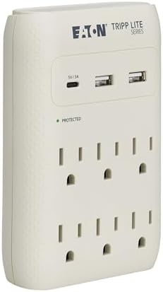 Eaton Tripp Lite SK60C Wall Surge Protector Power Strip & USB Wall Charger, 6-Outlet Extender, 1 USB-C + 2 USB Ports, 1080 Joules, Multi-Plug Outlet Splitter, Gray, Lifetime Manufacturer's Warranty