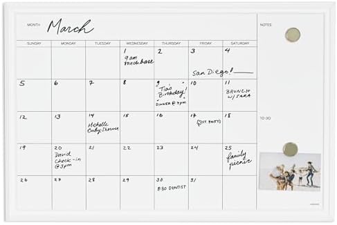 U Brands Magnetic Dry Erase Calendar White Board, 30" x 20", White Wood Style Frame, Includes Magnets