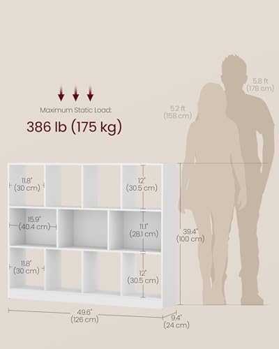 VASAGLE Bookshelf, 12 Cubes Storage Organizer, 49.6 x 9.4 x 39.4 Inches
