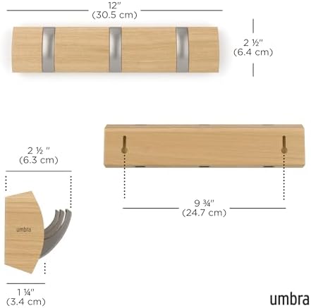 Umbra Flip Coat Rack, Wall Mount Retractable Hooks, 3-Hook, Natural/Nickel