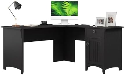 Bush Home L Shaped Desk with Storage for Home Office, Modern Farmhouse Corner Table with Drawers and Cabinets, Salinas Collection, Vintage Black