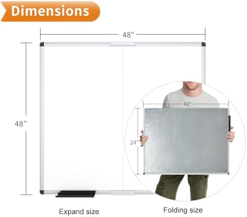 VIZ-PRO Large Magnetic Dry Erase Whiteboard, 48 x 48 Inches, Foldable