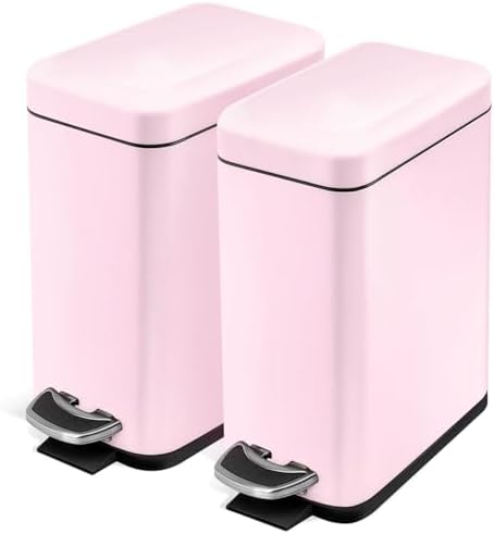 Home Zone Living 2-Pack 1.3 Gallon Small Pink Bathroom Trash Can with Lid and Step Pedal, Stainless Steel Wastebasket with Slim Design for Home and Office, 5 Liters