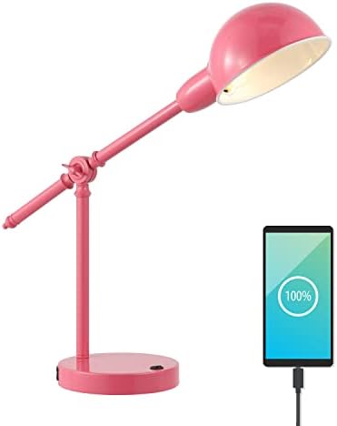 JONATHAN Y Curtis Task Lamp 20.25" Industrial Metal Adjustable USB, Pink