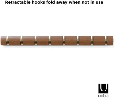 Umbra Flip Coat Rack, Wall Mount 8-Hook, Space Saving, Light Walnut/Warm Gold
