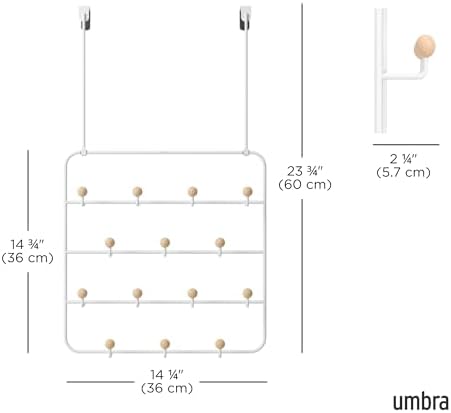 Umbra Estique Coat Rack, Over the Door Wall Hooks, 14 Hook, White/Natural