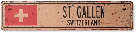 ST. Gallen Switzerland Vintage Aluminum Street Sign Swiss Flag City Country Road Rustic Metal tin Wall Gift | Indoor/Outdoor | 30" Wide