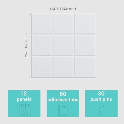 Cork Board for Walls 48" x 36", Bulletin Board for Office Decor, 12 Pack Felt Wall Tiles with Safe Removable Adhesive, Pin Tack Corkboard for Quilting Design & Dart Wall Protector - White