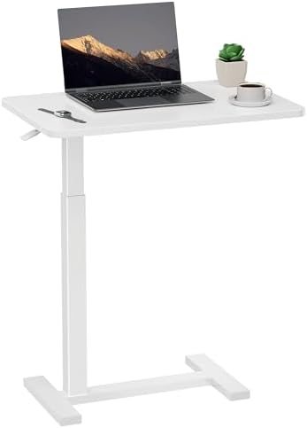 Overbed Bedside Table with Hidden Casters, Adjustable Pneumatic Mobile Laptop Computer Standing Desk, Rolling Laptop Table, Movable Overbed Table Hospital Home Use, White