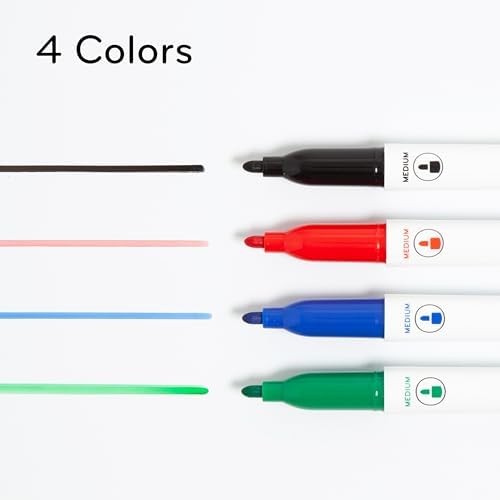 U Brands Fine Tip Dry Erase Markers with Eraser, Low Odor Whiteboard Markers Fine Tip, Assorted Colors, Set of 4