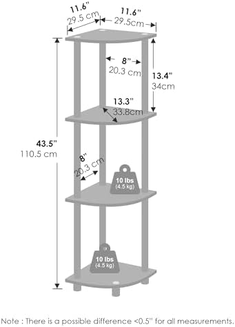 Furinno Turn-N-Tube Corner Shelf, 4-Tier Corner Bookshelf, White
