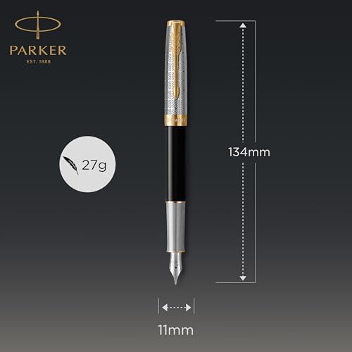 PARKER Sonnet Fountain Pen | Premium Metal and Black Gloss Finish with Gold Trim | Fine 18k Gold Nib with Black Ink Cartridge | Gift Box