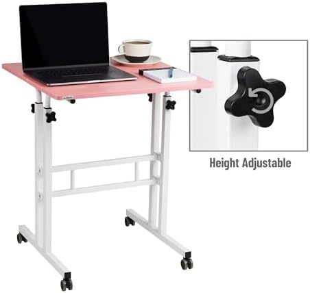 Mind Reader Standing Desk, Adjustable Height Laptop Workstation, Portable Rolling Desk on Wheels, Two-Tier Metal Frame, Pink