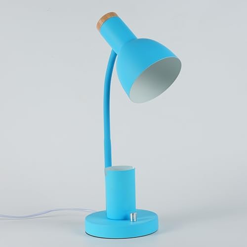 Desk Lamp with Pen Holder, Green, Wood Accent, Adjustable Gooseneck, Modern Study Light (Blue)