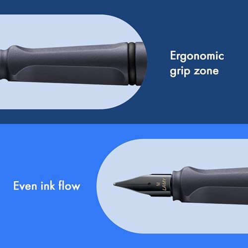 LAMY safari steel black - Fountain Pen with ergonomic grip & polished Left-Handed steel nib (LH) in size M - ideal for any Writing & Calligraphy - including LAMY T 10 blue cartridge
