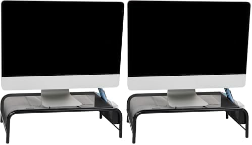 Mind Reader Monitor Stand, Ventilated Laptop Riser, Desktop Organizer, Side Storage, Metal Mesh, 20" L x 11.5" W x 5.5" H, Black (Pack of 2)