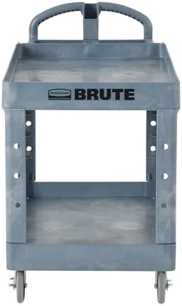 Rubbermaid Commercial Products BRUTE Heavy Duty 2-Shelf Utility/Service Cart, Medium, Lipped Shelves, Ergonomic Handle, 500 lbs. Capacity, Gray, for Warehouse/Garage/Cleaning/Maintenance/Stadiums