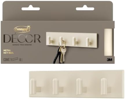 Command Decor Metal Key Rail, Light Beige, 1 Hook Rail, 8 Small Strips