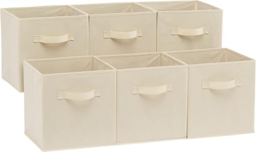 Amazon Basics Collapsible Fabric Storage Cubes Organizer with Handles, Sturdy Storage Bins for Organization, 10.5" x 10.5" x 11", Beige, 6 Count (Pack of 5)