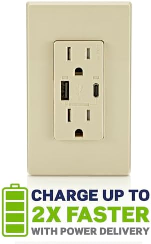 Leviton T5634-I 60W (20V@2.5A+ 5V@2A) USB Dual Type A/Type-C Power Delivery in-Wall Charger with 15A Tamper-Resistant Outlet, USB Charger for Smartphones, Tablets, Laptops, Ivory