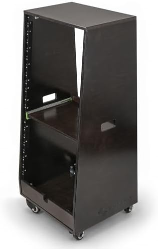 Sound Town DIY Slanted 20U Studio Rack (12U Top + 8U Lower) with 2U Bottom Storage, Slide-Out Tray, Casters, for Home Studio and Recording Room, Birch Plywood, Black Espresso (SDRK-ST20TD)