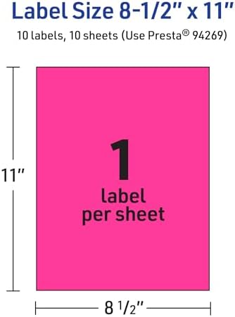 Avery® Printable Sticker Paper, 8-1/2" x 11", Full-Sheet Labels, Neon Magenta Labels, Laser/Inkjet Printable, 10 Total, Great for Packaging and Stickers