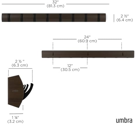 Umbra Flip Coat Rack, Wall Mount 8-Hook, Space Saving, Walnut/Black