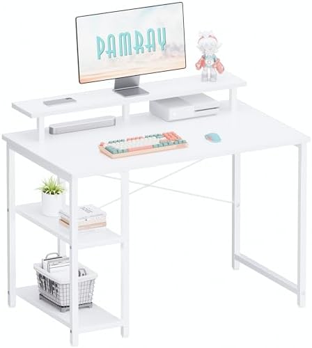 Pamray 33.5 Inch Small Computer Desk with Monitor Stand and Shelves