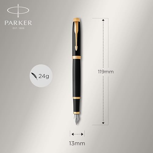 Parker IM Fountain Pen, Black Lacquer with Gold Trim, Fine Nib - Includes Blue Ink Refill and Elegant Gift Box