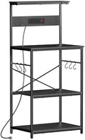 VUSIGN Kitchen Bakers Rack with Power Outlet, 4 Tiers Microwave Stand with Storage, 23.6 Inch Coffee Bar Station with 6 S Hooks, Adjustable Shelf Rack for Pots/Pans/Spices, Black
