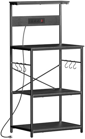 VUSIGN Kitchen Bakers Rack with Power Outlet, 4 Tiers Microwave Stand with Storage, 23.6 Inch Coffee Bar Station with 6 S Hooks, Adjustable Shelf Rack for Pots/Pans/Spices, Black