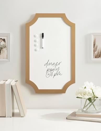 Kate and Laurel Holbrook Scalloped Magnetic Dry Erase Board with Marker and Four Magnets; 15 x 24; Gold; Decorative Wall Organization White Board for Use as Bedroom or Dorm Room Decor