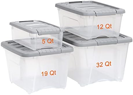 Amazon Basics Plastic Storage Containers with Secure Latching Lids, Stackable Organization Bins, Clear/Grey, 5 Quart, Set of 10