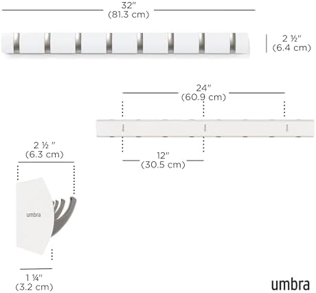 Umbra Flip Coat Rack, Wall Mount 8-Hook, Space Saving, White
